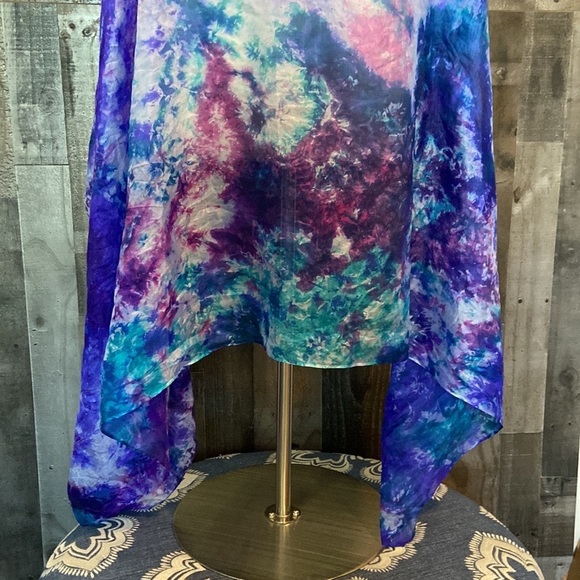 Saks Fifth Avenue silk scarf purple pink turquoise tie dye old money elegant - Picture 5 of 17